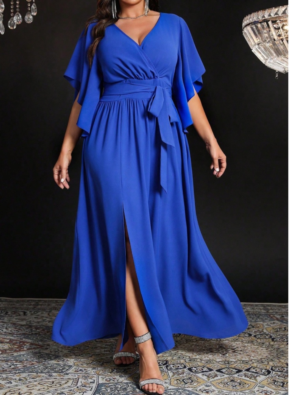  Plus Solid V neck Flounce Sleeve Belted Split Thigh Party Evening Dress - Picture 12 of 15